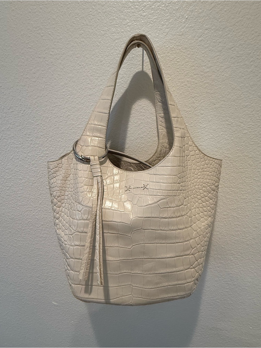 Elizabeth and James Finley Small Croc Leather Hobo Bag Ivory preloved dust bag